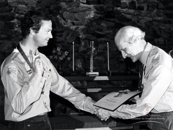 HM The King of Sweden presenting Lord Baden-Powell of Gilwell with his membership certificate. 25th April 1982